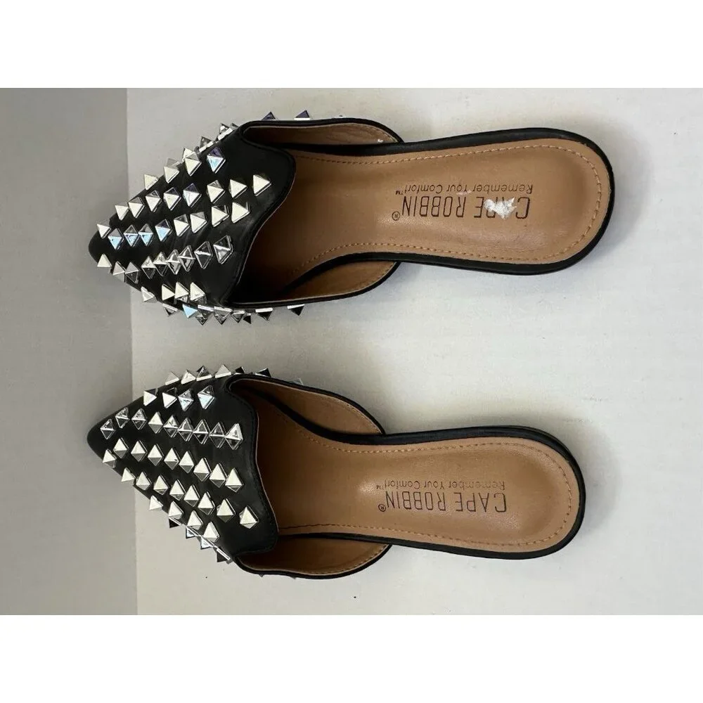 Cape Robbin Enny Silver Studded Mules Black Women SZ 6.5 - Picture 3 of 4